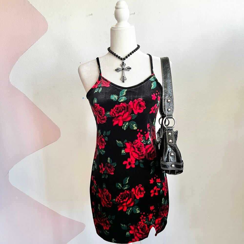 Black Floral‎ Velvet Mini Dress, Gothic Whimsigoth Coquette Grunge Small